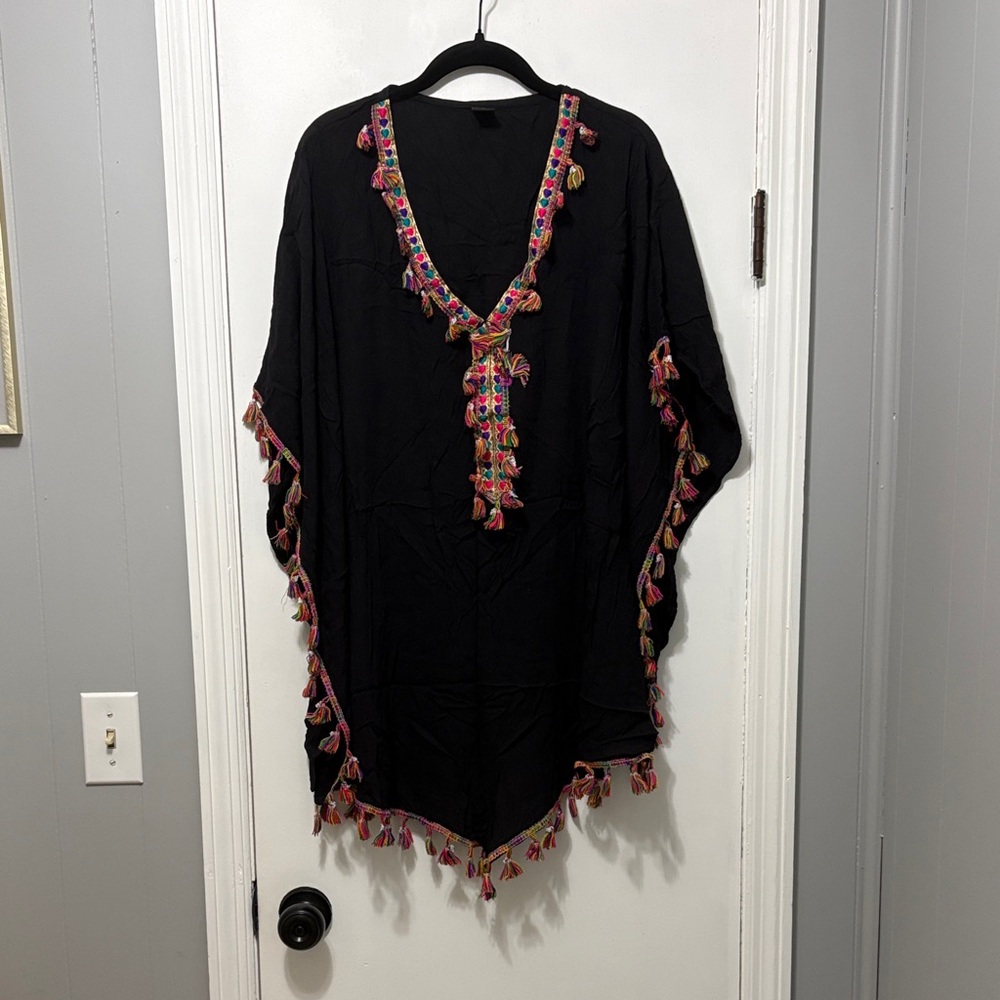 Rivieras Black Coverup with Colorful Tassel Accents
